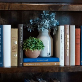 shelves of books in the resident lounge